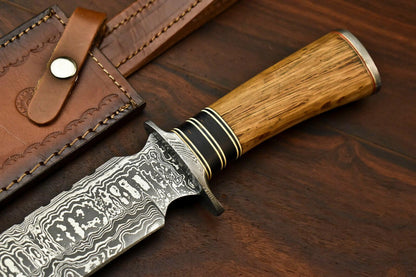 15.5" Handmade Damascus Steel Bowie Knife with Walnut Wood Handle