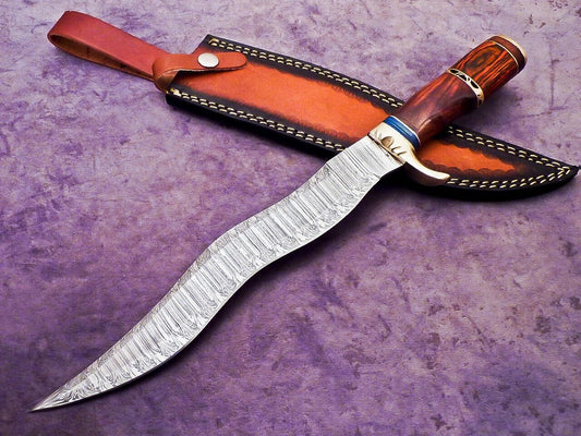 16 Inch Handmade Damascus Steel Bowie Knife with Natural Wood and Brass Handle by Heritage Forge