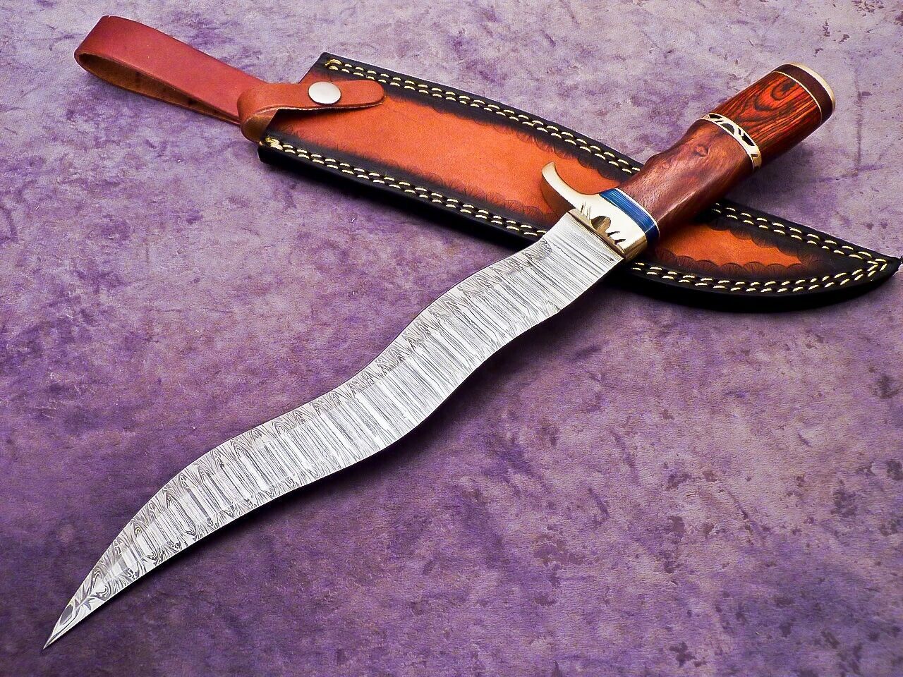 16 Inch Handmade Damascus Steel Bowie Knife with Natural Wood and Brass Handle by Heritage Forge