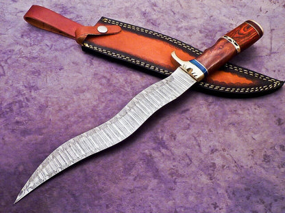 16 Inch Handmade Damascus Steel Bowie Knife with Natural Wood and Brass Handle by Heritage Forge