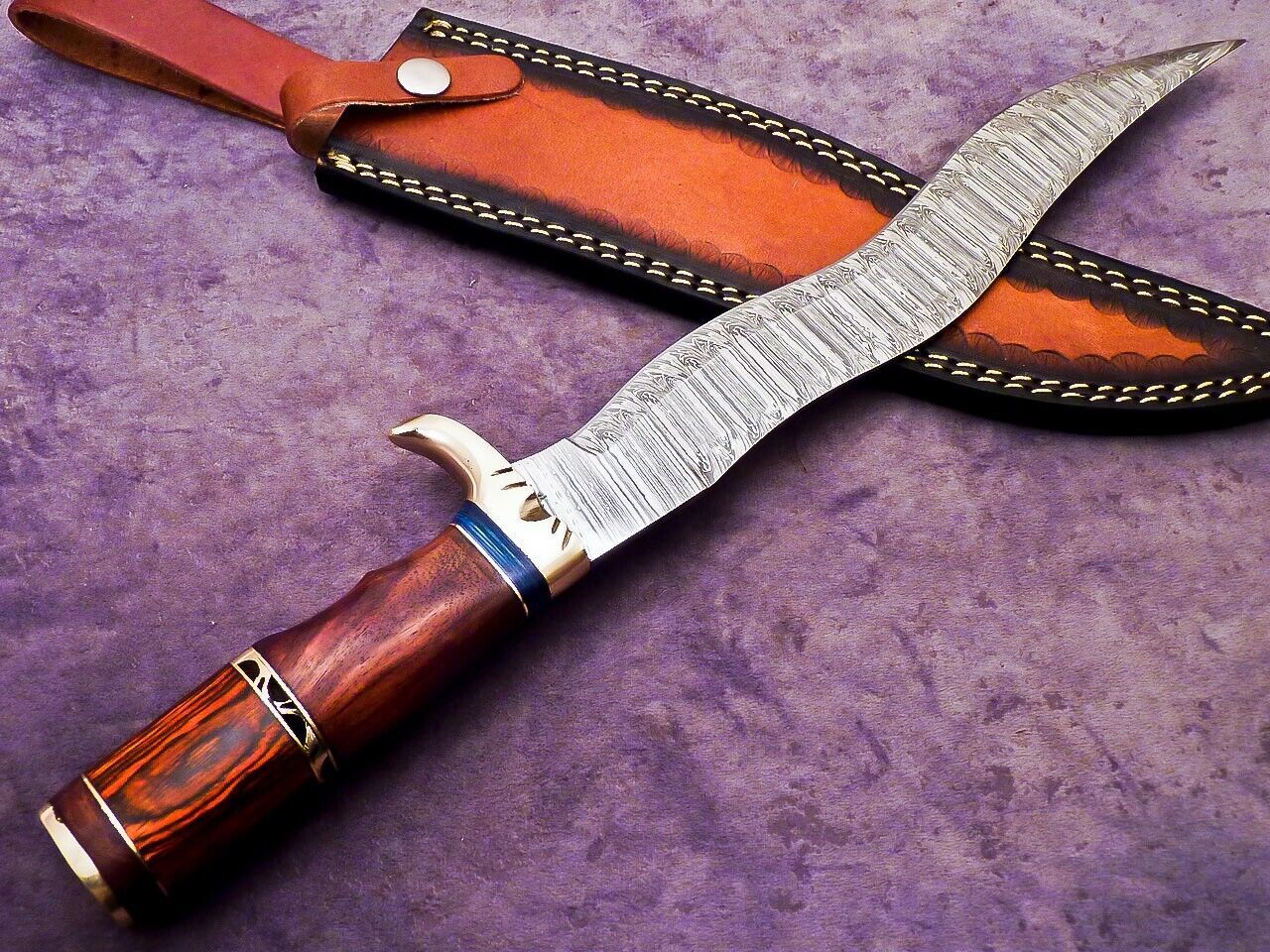 16 Inch Handmade Damascus Steel Bowie Knife with Natural Wood and Brass Handle by Heritage Forge