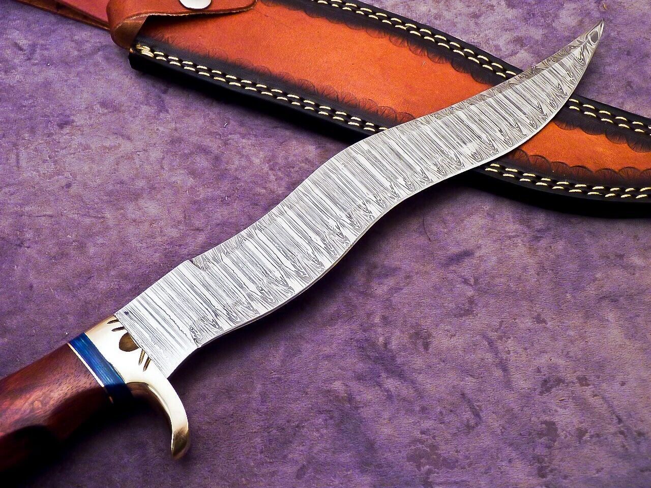 16 Inch Handmade Damascus Steel Bowie Knife with Natural Wood and Brass Handle by Heritage Forge