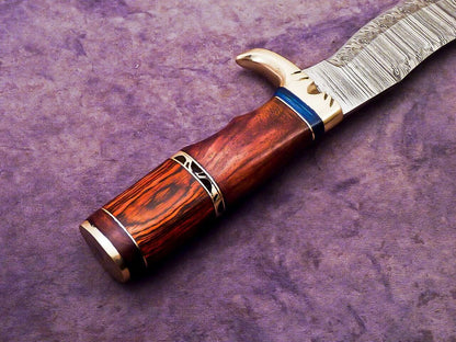 16 Inch Handmade Damascus Steel Bowie Knife with Natural Wood and Brass Handle by Heritage Forge