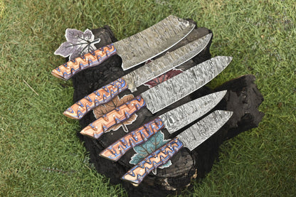 Handmade Chef Knife Set Twist Damascus Steel with Hard Wood Handles – Lot of 5 Hunting Knives
