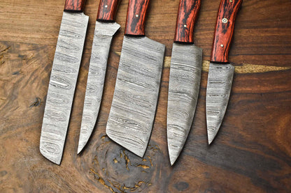 Premium Lot of 5 Handmade Hammered Damascus Steel Chef Knives – Sharp & Durable