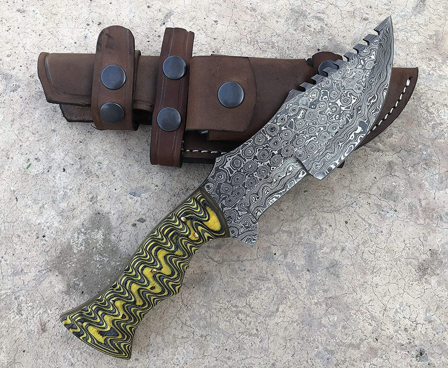 Handmade Damascus Steel Tracker Knife with Two-Tone Dollar Wood Handle – Fixed Blade Hunting Knife with Leather Sheath