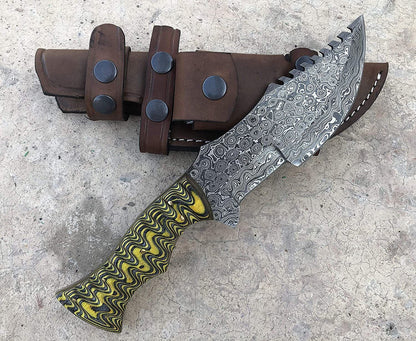 Handmade Damascus Steel Tracker Knife with Two-Tone Dollar Wood Handle – Fixed Blade Hunting Knife with Leather Sheath