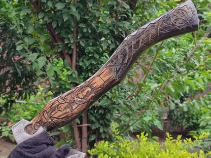 Hand Forged Carbon Steel Viking Axe 19 Inch Throwing Hatchet with Carved Ashwood Handle and Leather Sheath