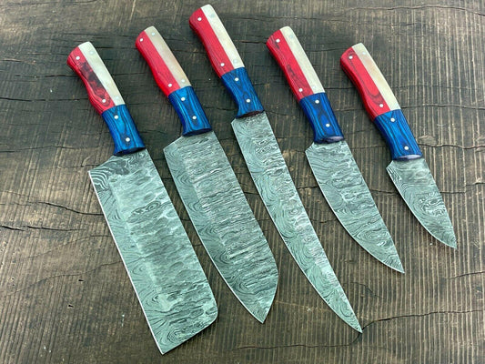 EVEREST 5-Piece Handmade Damascus Steel Chef Knife Set – Full Tang Kitchen Knives