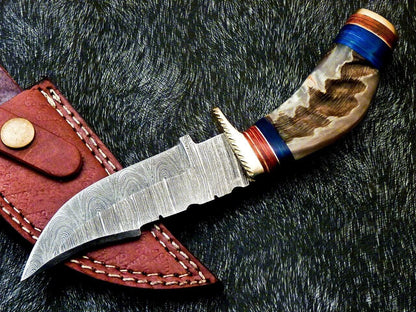 Heritage Forge 8 Inch Damascus Steel Hunting Knife with Ram Horn and Wood Handle