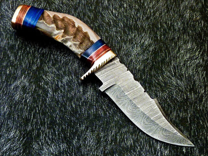 Heritage Forge 8 Inch Damascus Steel Hunting Knife with Ram Horn and Wood Handle