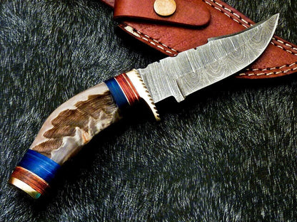 Heritage Forge 8 Inch Damascus Steel Hunting Knife with Ram Horn and Wood Handle