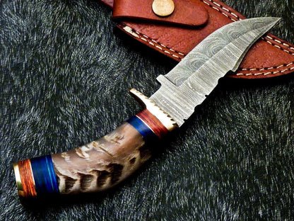 Heritage Forge 8 Inch Damascus Steel Hunting Knife with Ram Horn and Wood Handle