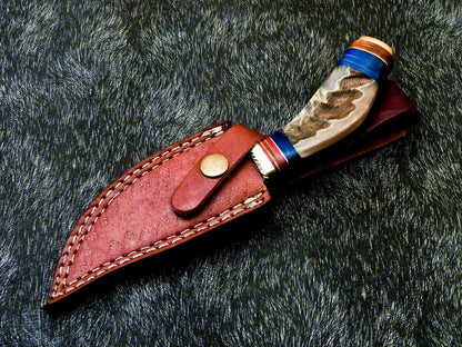 Heritage Forge 8 Inch Damascus Steel Hunting Knife with Ram Horn and Wood Handle