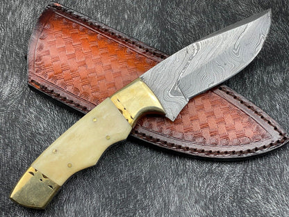 Heritage Forge 9 Inch Custom Handmade Damascus Steel Hunting Knife with Bone Handle and Leather Sheath