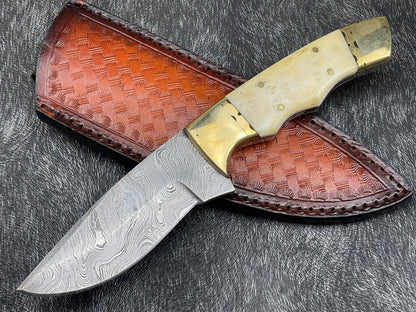 Heritage Forge 9 Inch Custom Handmade Damascus Steel Hunting Knife with Bone Handle and Leather Sheath