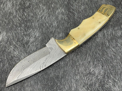 Heritage Forge 9 Inch Custom Handmade Damascus Steel Hunting Knife with Bone Handle and Leather Sheath