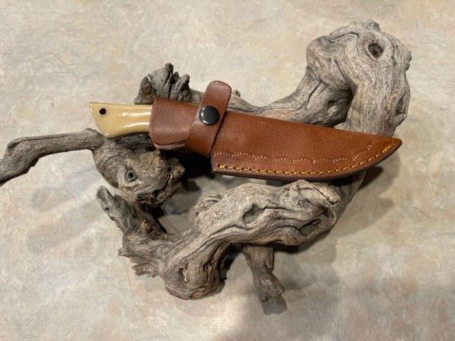 Bone Handle Damascus Skinner Knife with Mosaic Pin and Leather Sheath