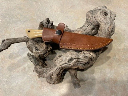 Bone Handle Damascus Skinner Knife with Mosaic Pin and Leather Sheath
