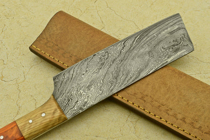 Custom Handmade Forged Damascus Steel Chef Chopper Kitchen Knife with Wood Handle