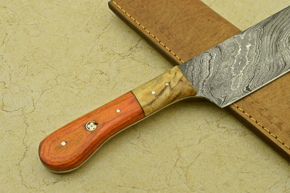 Custom Handmade Forged Damascus Steel Chef Chopper Kitchen Knife with Wood Handle