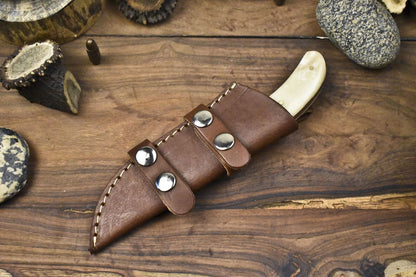 Forged Twist Damascus Skinner Knife with Gut Hook and Bone Handle for Camping