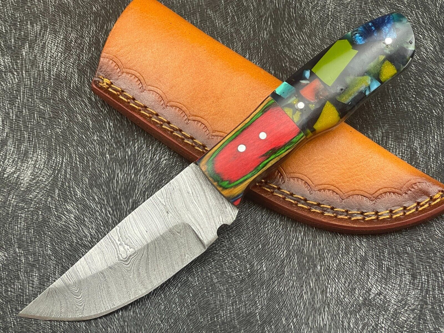 Handmade Damascus Steel Bowie Knife 8 Inch EDC with Resin and Hardwood Handle