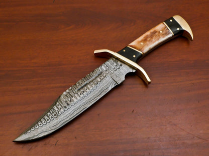 12 Inch Handmade Damascus Steel Bowie Knife with Stained Camel Bone and Bull Horn Handle