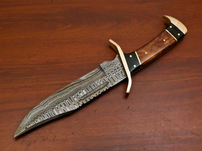 12 Inch Handmade Damascus Steel Bowie Knife with Stained Camel Bone and Bull Horn Handle