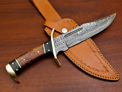 12 Inch Handmade Damascus Steel Bowie Knife with Stained Camel Bone and Bull Horn Handle