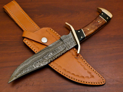12 Inch Handmade Damascus Steel Bowie Knife with Stained Camel Bone and Bull Horn Handle