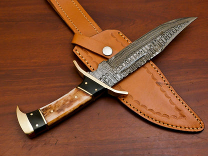 12 Inch Handmade Damascus Steel Bowie Knife with Stained Camel Bone and Bull Horn Handle