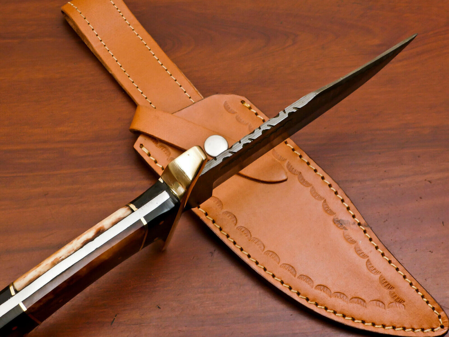 12 Inch Handmade Damascus Steel Bowie Knife with Stained Camel Bone and Bull Horn Handle