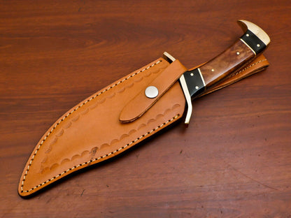12 Inch Handmade Damascus Steel Bowie Knife with Stained Camel Bone and Bull Horn Handle