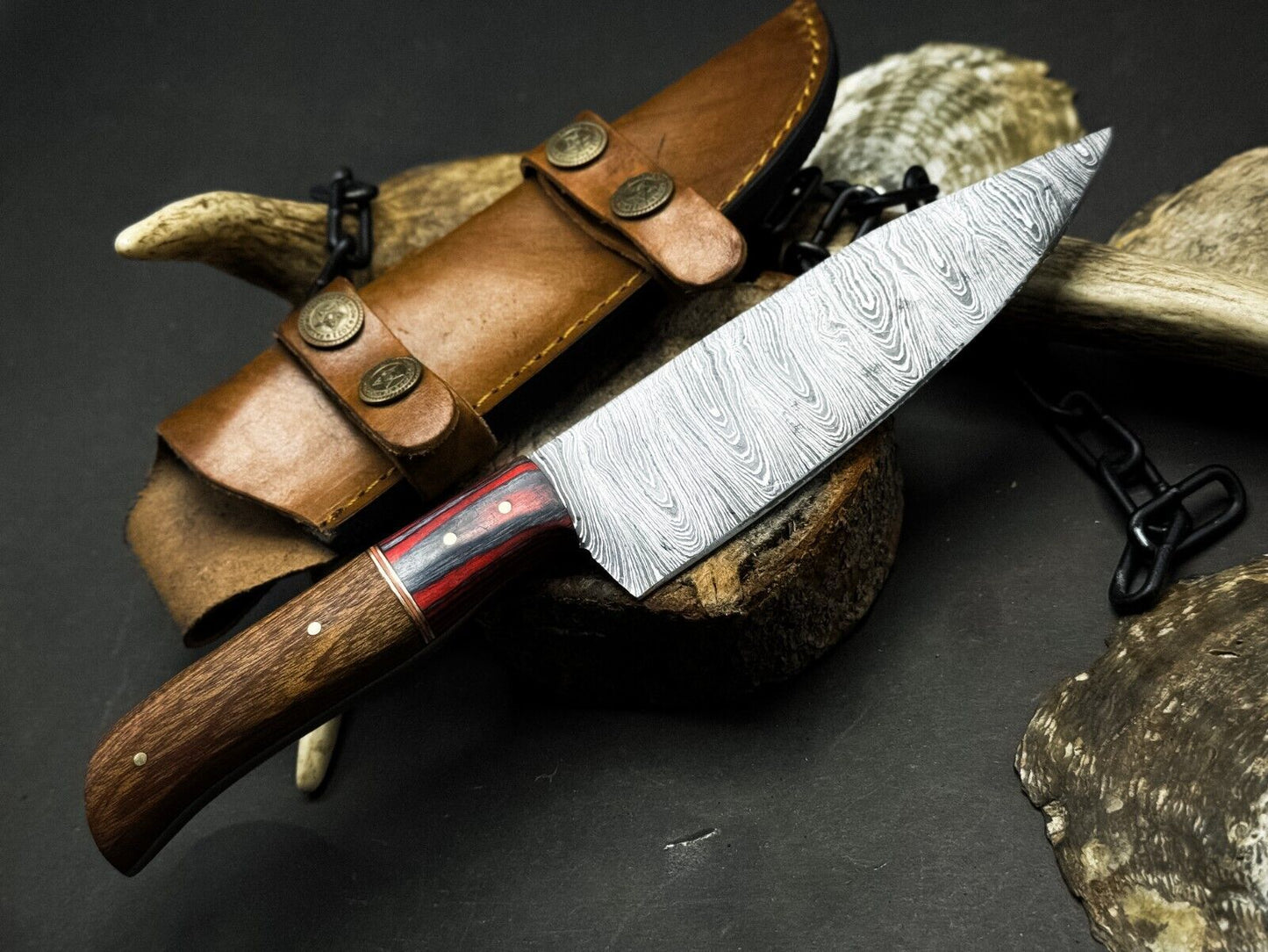 Handmade Damascus Steel Kitchen Chef Knife with Wood Handle & Leather Sheath