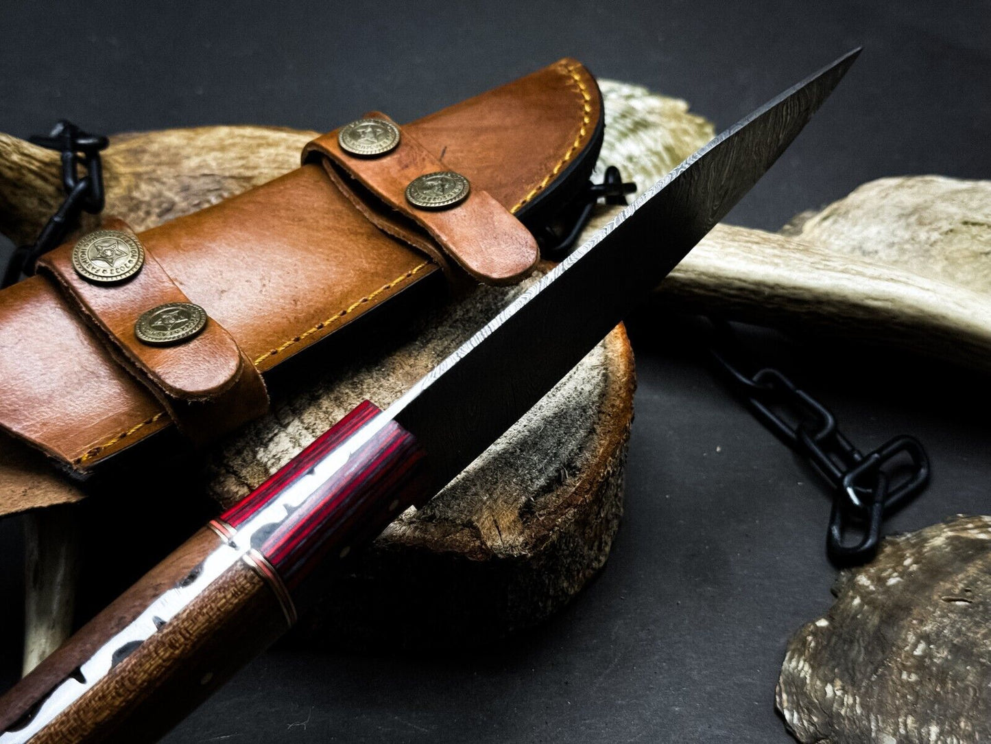 Handmade Damascus Steel Kitchen Chef Knife with Wood Handle & Leather Sheath