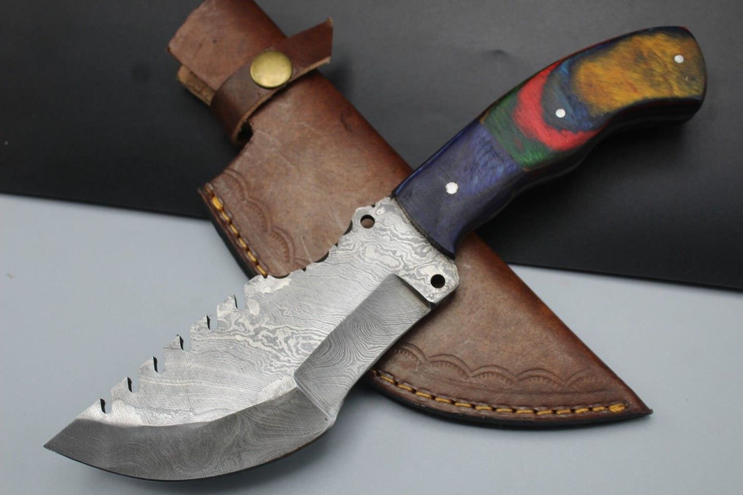 Handmade Damascus Steel Tracker Hunting Knife with Hardwood Handle and Leather Sheath