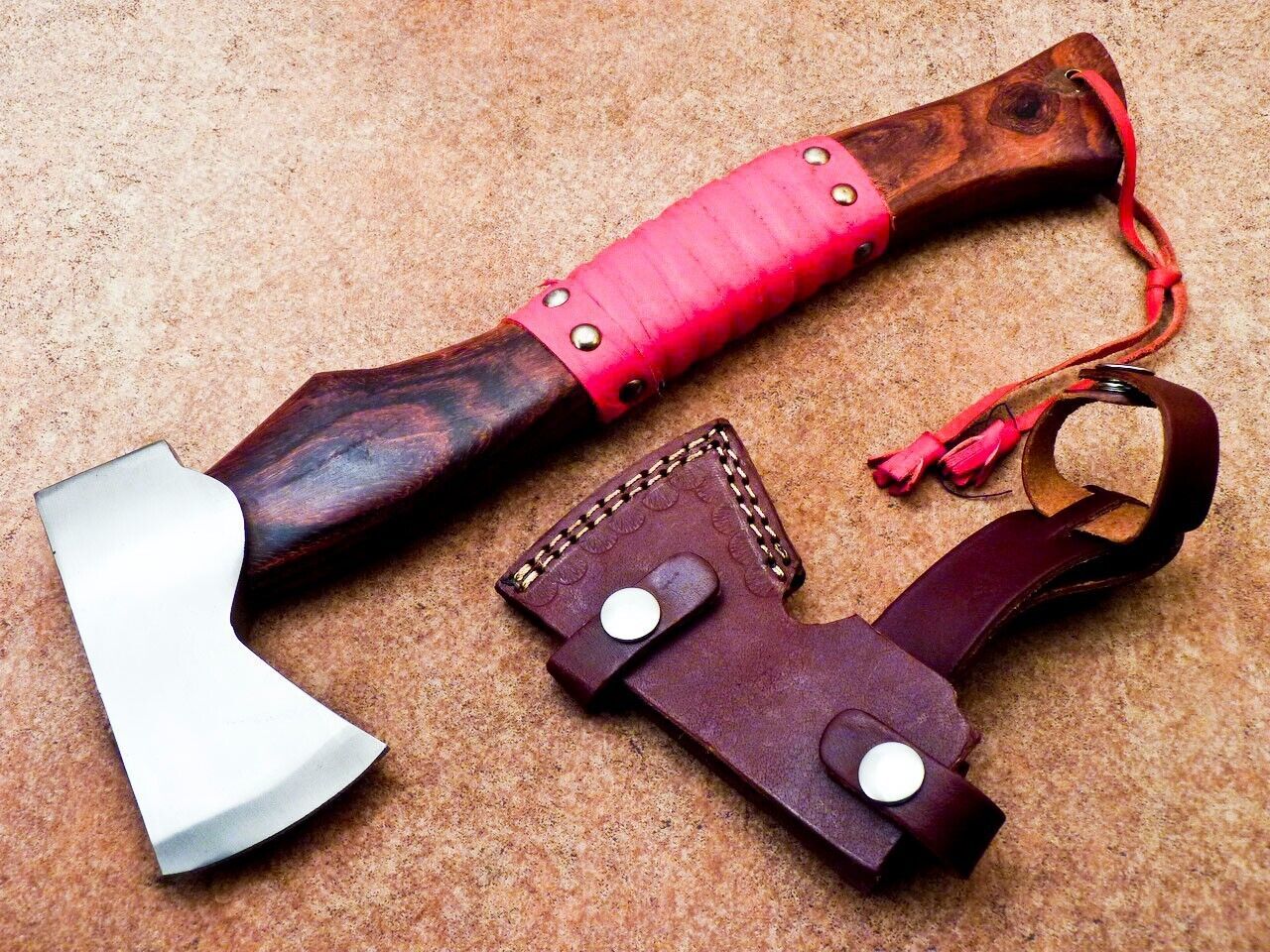 Custom Hand Forged Carbon Steel Viking Throwing Axe Bearded Hatchet Tomahawk with Natural Wood Handle and Leather Sheath 13"