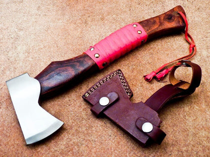 Custom Hand Forged Carbon Steel Viking Throwing Axe Bearded Hatchet Tomahawk with Natural Wood Handle and Leather Sheath 13"