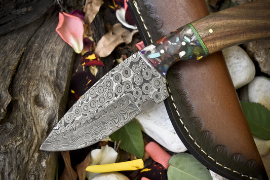 9" Handmade Rain Drop Damascus Skinner Knife with Walnut Wood Handle for Outdoor Use