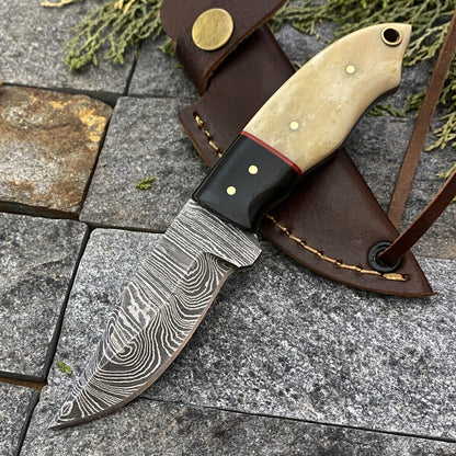 6" Damascus Steel Mini Neck Knife – Handmade Bone & Horn Handle with Sheath