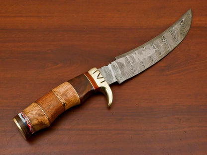 13" Damascus Bowie Knife – Rose, Olive & Pakka Wood Handle with Brass Guard
