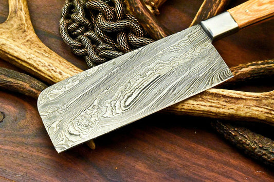 Handmade Damascus Steel Chef Kitchen Full Tang Chopper Knife | Olive Wood Handle