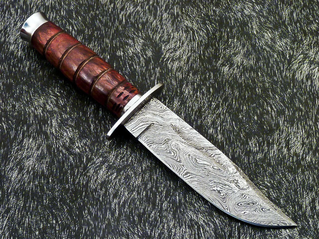 Hand Forged Damascus 9" Bowie Hunting Knife – Natural Wood Handle