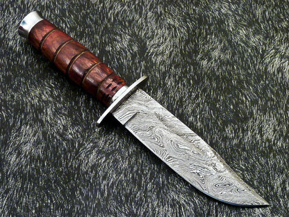 Hand Forged Damascus 9" Bowie Hunting Knife – Natural Wood Handle