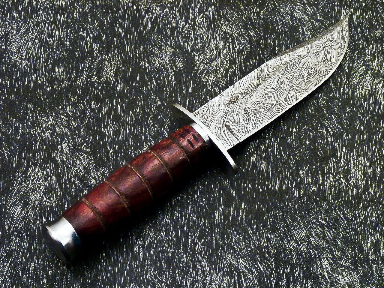 Hand Forged Damascus 9" Bowie Hunting Knife – Natural Wood Handle