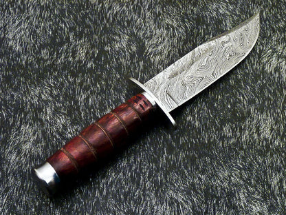 Hand Forged Damascus 9" Bowie Hunting Knife – Natural Wood Handle