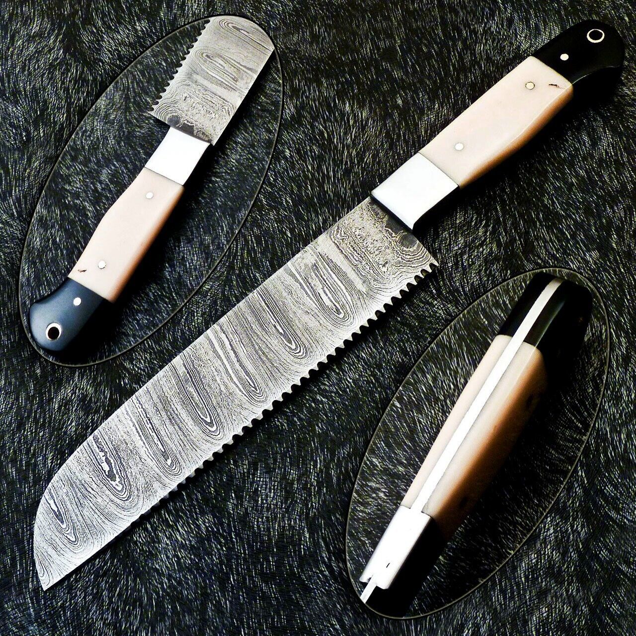11" Custom Hand Forged Damascus Steel Chef Knife Kitchen Knife with Camel Bone & Bull Horn Handle