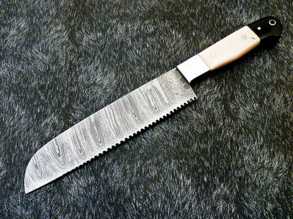 11" Custom Hand Forged Damascus Steel Chef Knife Kitchen Knife with Camel Bone & Bull Horn Handle
