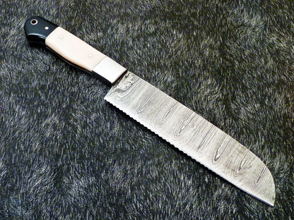 11" Custom Hand Forged Damascus Steel Chef Knife Kitchen Knife with Camel Bone & Bull Horn Handle